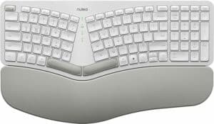A Nulea wireless ergonomic keyboard with two keys on it.